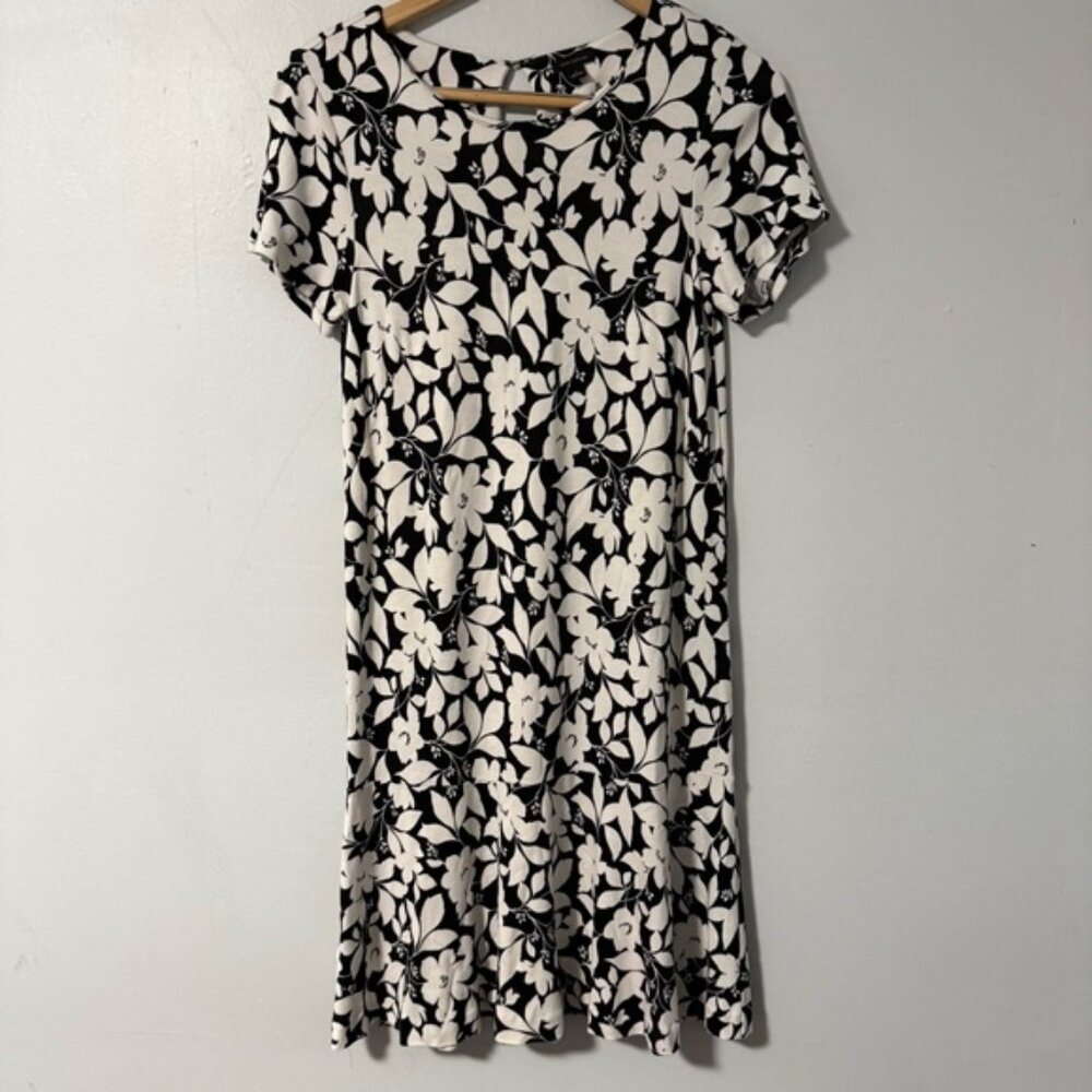 Ann Taylor Knit Pullover Knee Length Dress Black White Floral Ruffle Hem S